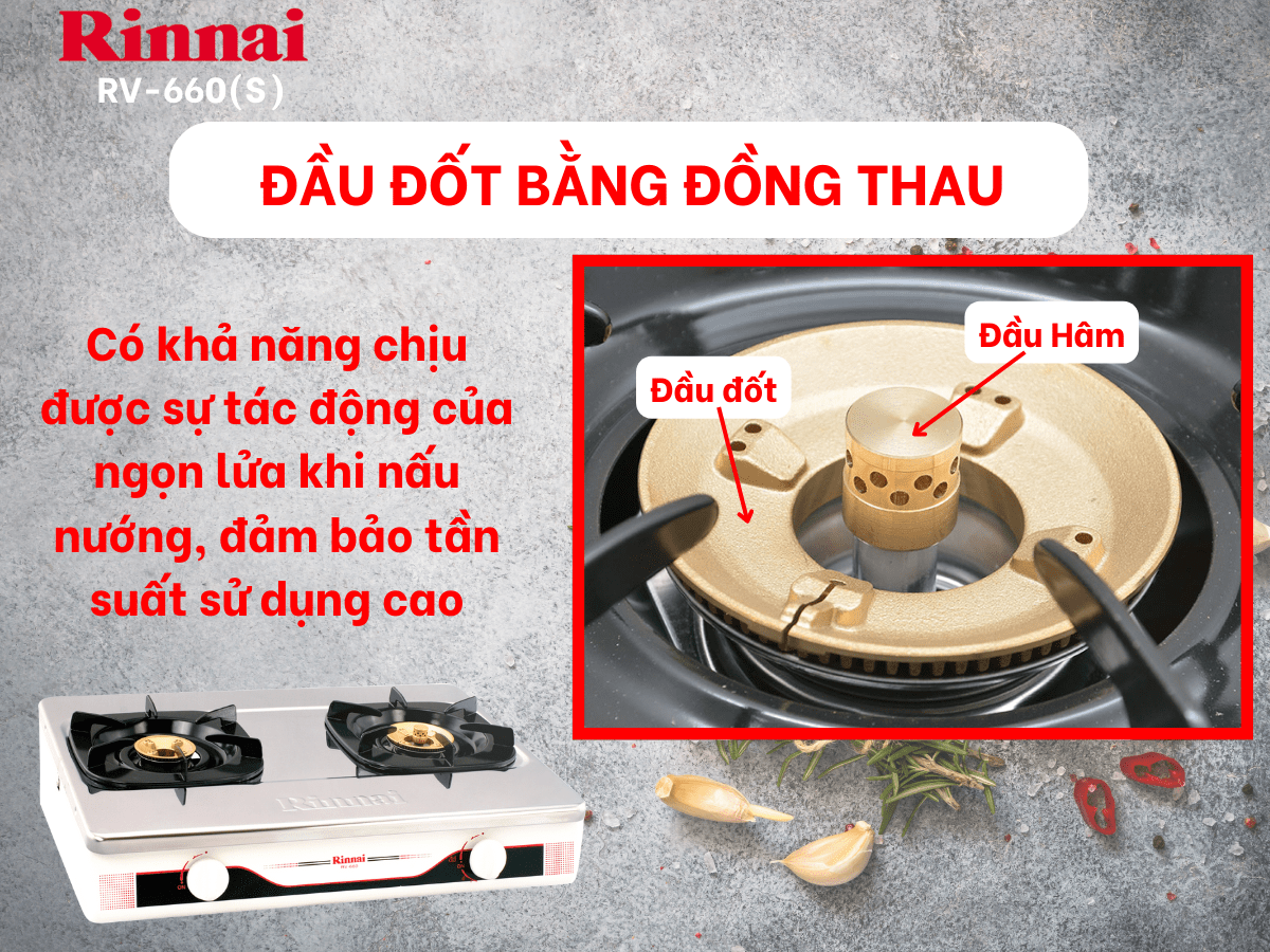 Bếp gas Rinnai RV-660(S) Đầu đốt bằng đồng thau siêu bền