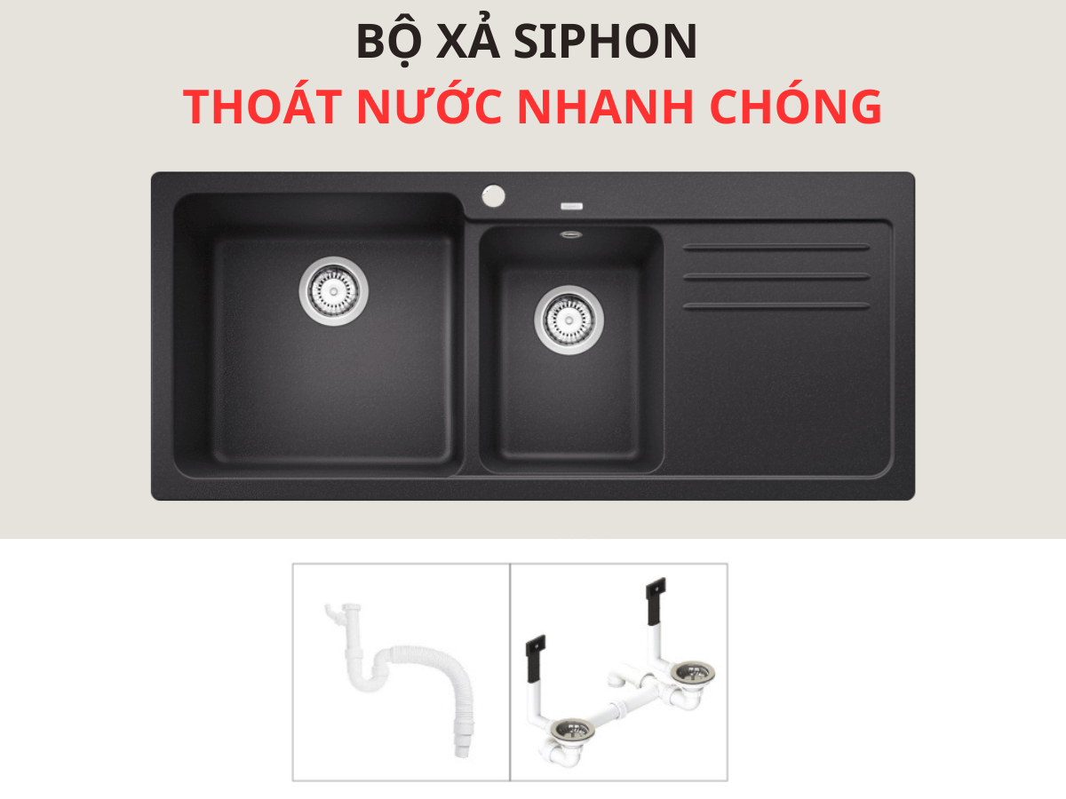 Kèm bộ xả xiphong thoát nước nhanh, ngăn mùi tốt