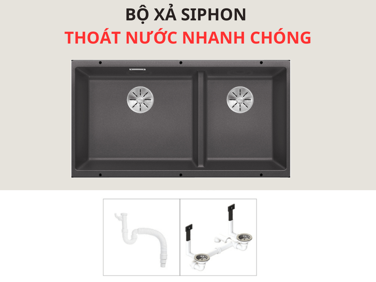Kèm bộ xả xiphong thoát nước nhanh, ngăn mùi tốt