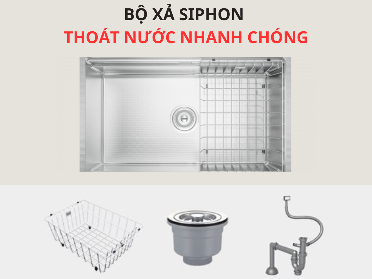 Kèm bát rác lớn và bộ xả xiphong thoát nước nhanh, ngăn mùi tốt