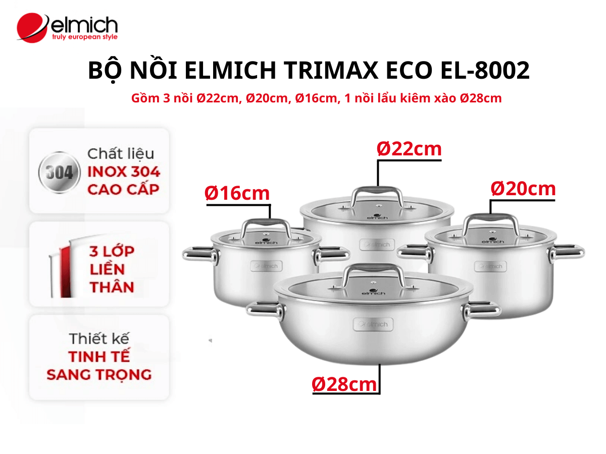 Tổng quan về bộ nồi Elmich Trimax ECO EL-8002