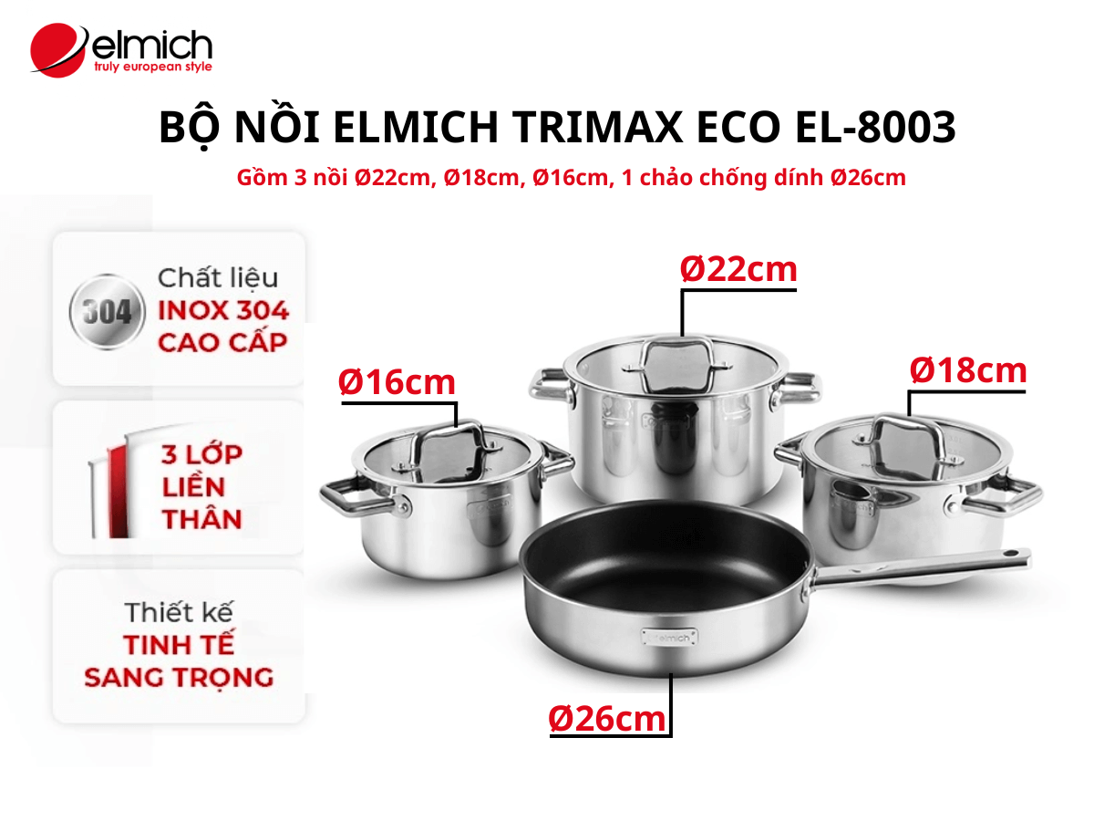 Tổng quan về bộ nồi Elmich Trimax ECO EL-8003