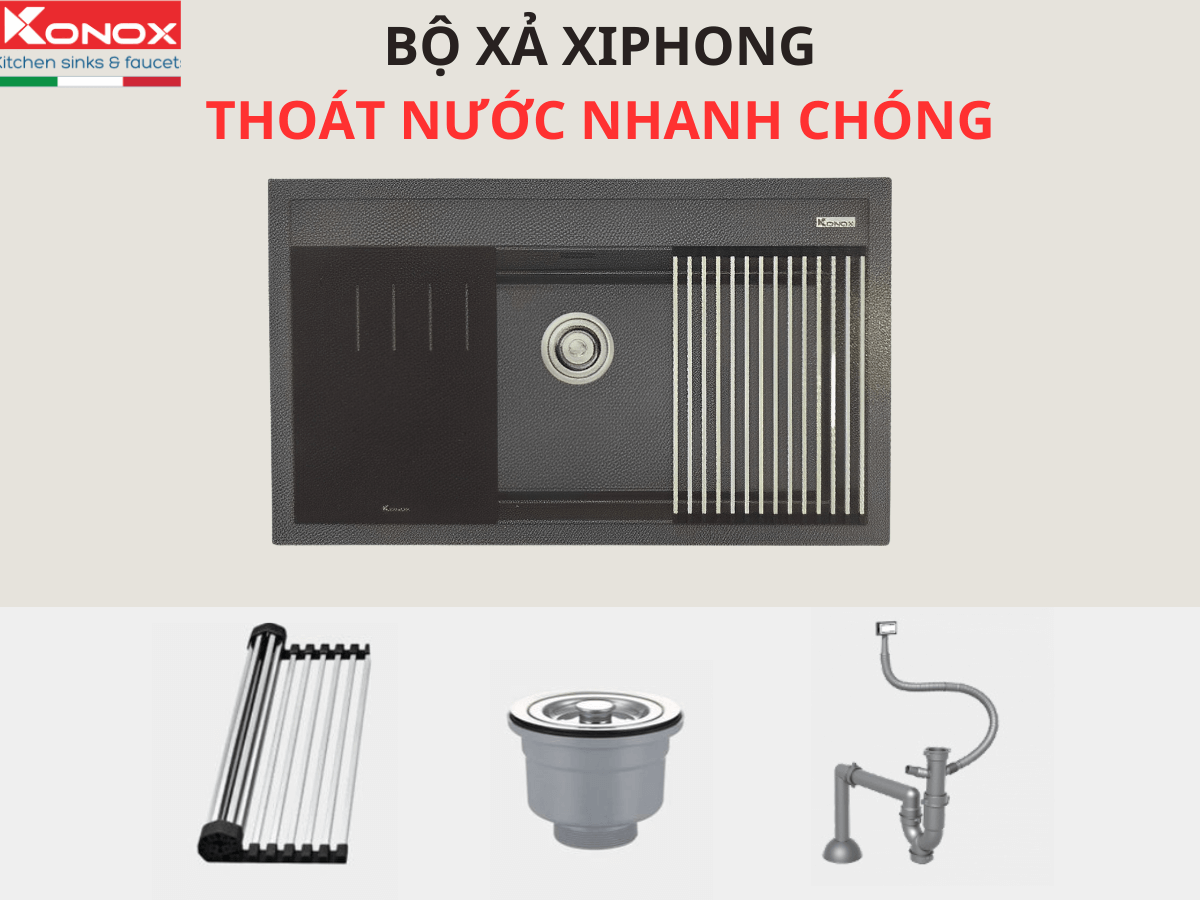 Kèm bát rác và bộ xả xiphong thoát nước nhanh, ngăn mùi tốt