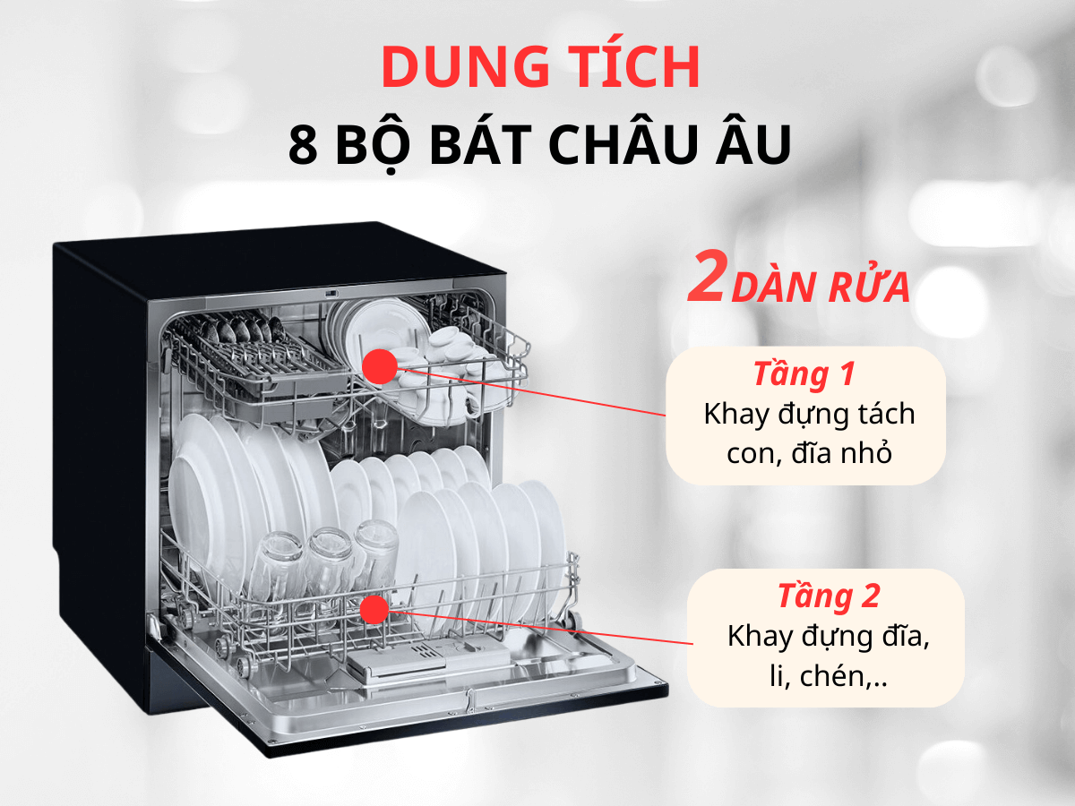 2 dàn rửa, dung tích 8 bộ đồ ăn châu Âu
