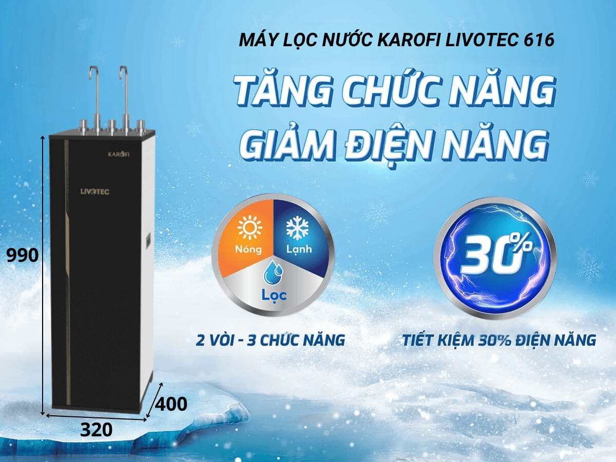 Máy lọc nước Karofi Livotec 616 thiết kế tủ đứng hiện đại, sang trọng