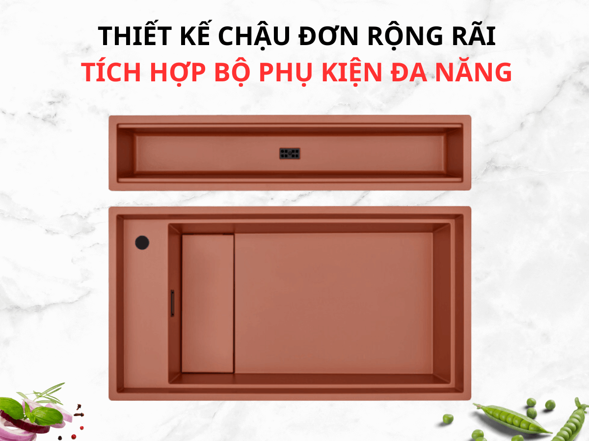 Thiết kế chậu đơn rộng rãi, tích hợp bộ phụ kiện đa năng
