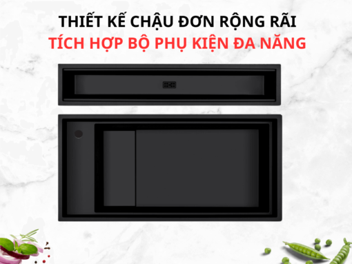 Thiết kế chậu đơn rộng rãi, tích hợp bộ phụ kiện đa năng