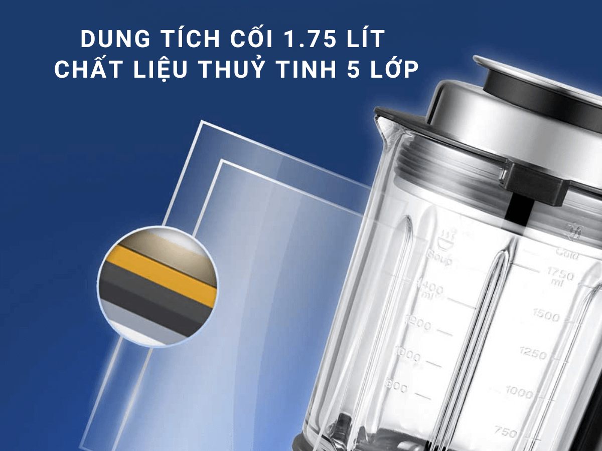 Dung tích cối 1.75 lít, chất liệu thuỷ tinh 5 lớp