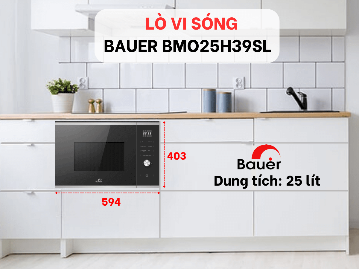 Lò vi sóng Bauer BMO25H39SL thiết kế âm tủ gọn gàng, dung tích 25 lít
