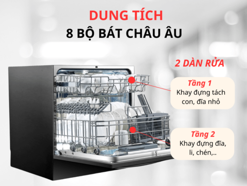 2 dàn rửa, dung tích 8 bộ đồ ăn châu Âu