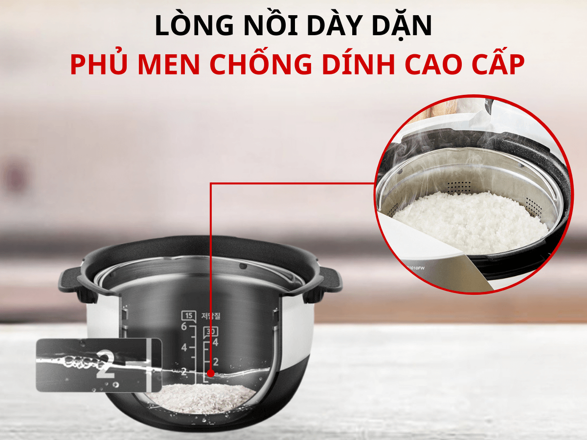 Lòng nồi dày dặn, phủ men chống dính cao cấp