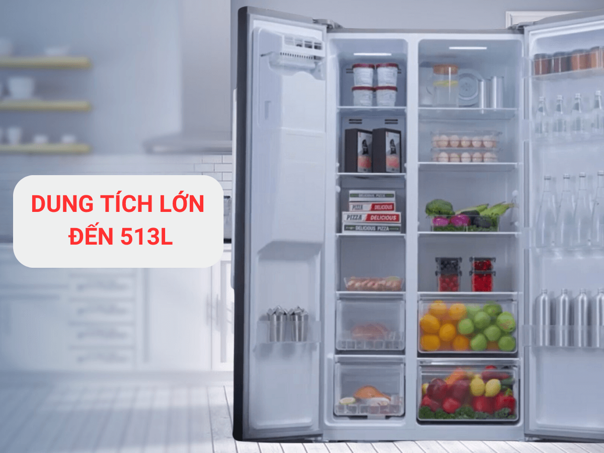 Dung tích lớn 513 lít, thoải mái bảo quản thực phẩm