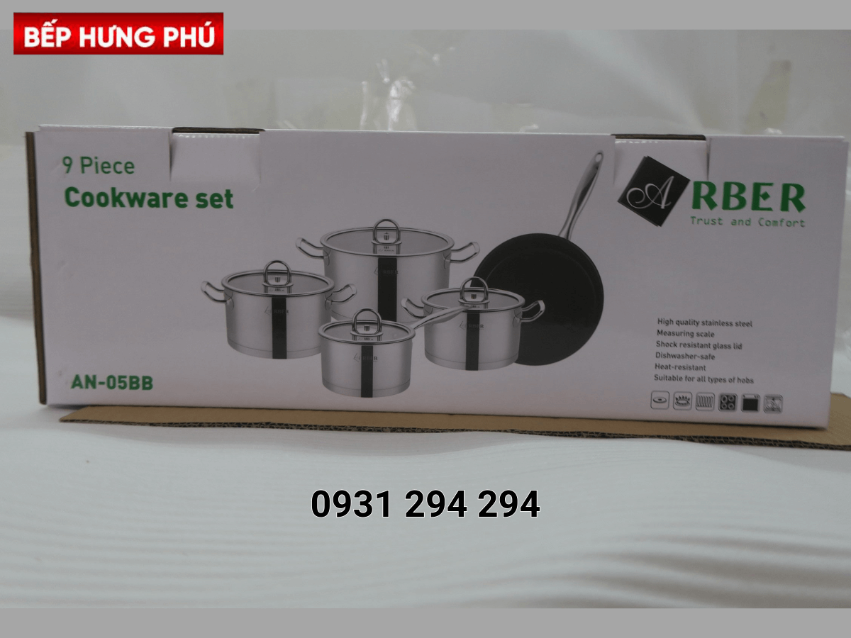 Bộ nồi inox Arber AN-05BB đóng thùng gọn gàng