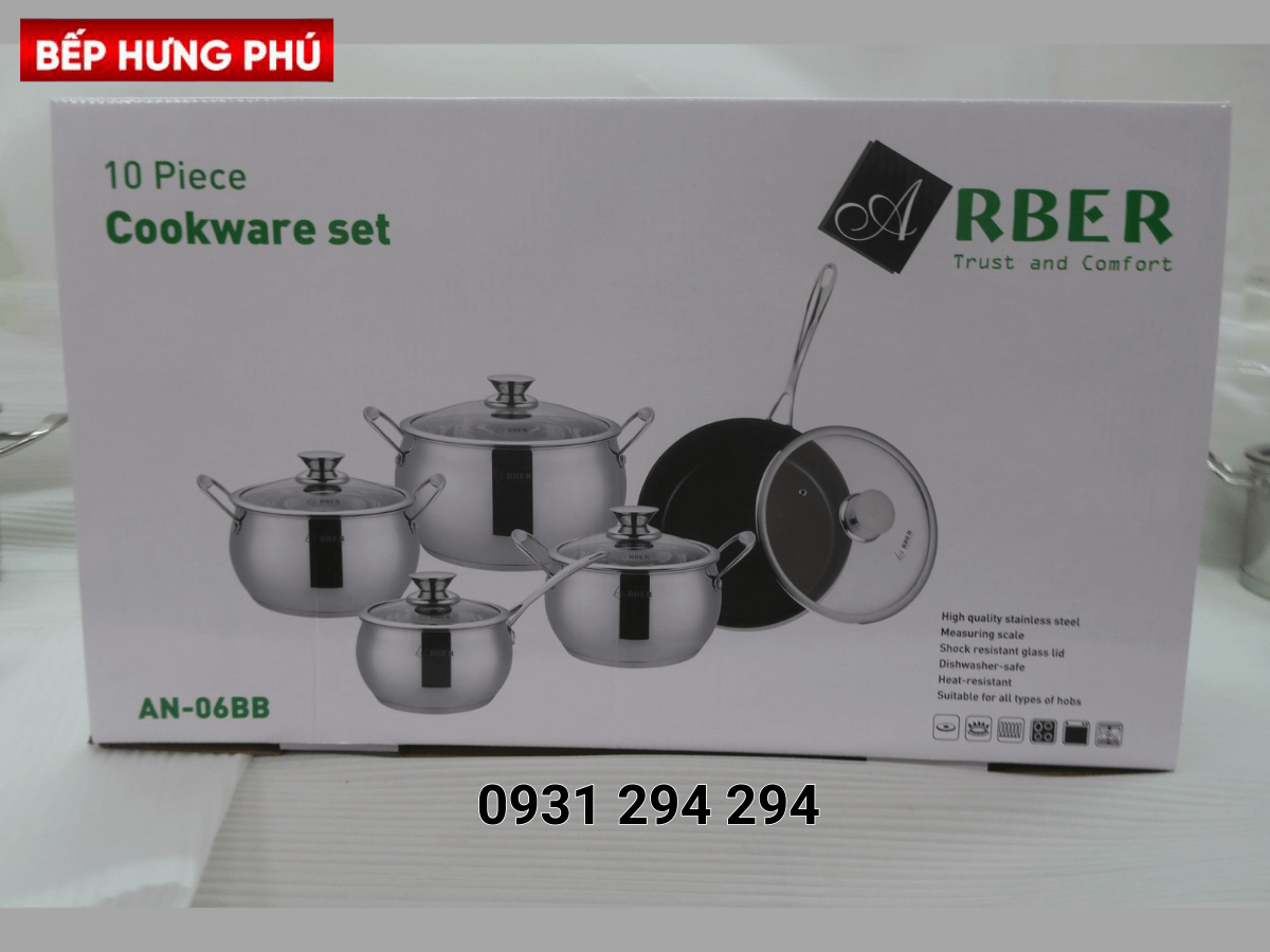Bộ nồi inox Arber AN-06BB đóng thùng gọn gàng