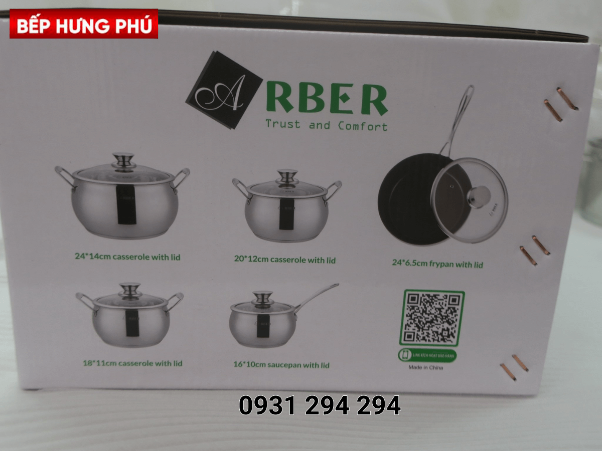Bộ nồi inox Arber AN-06BB đóng thùng gọn gàng