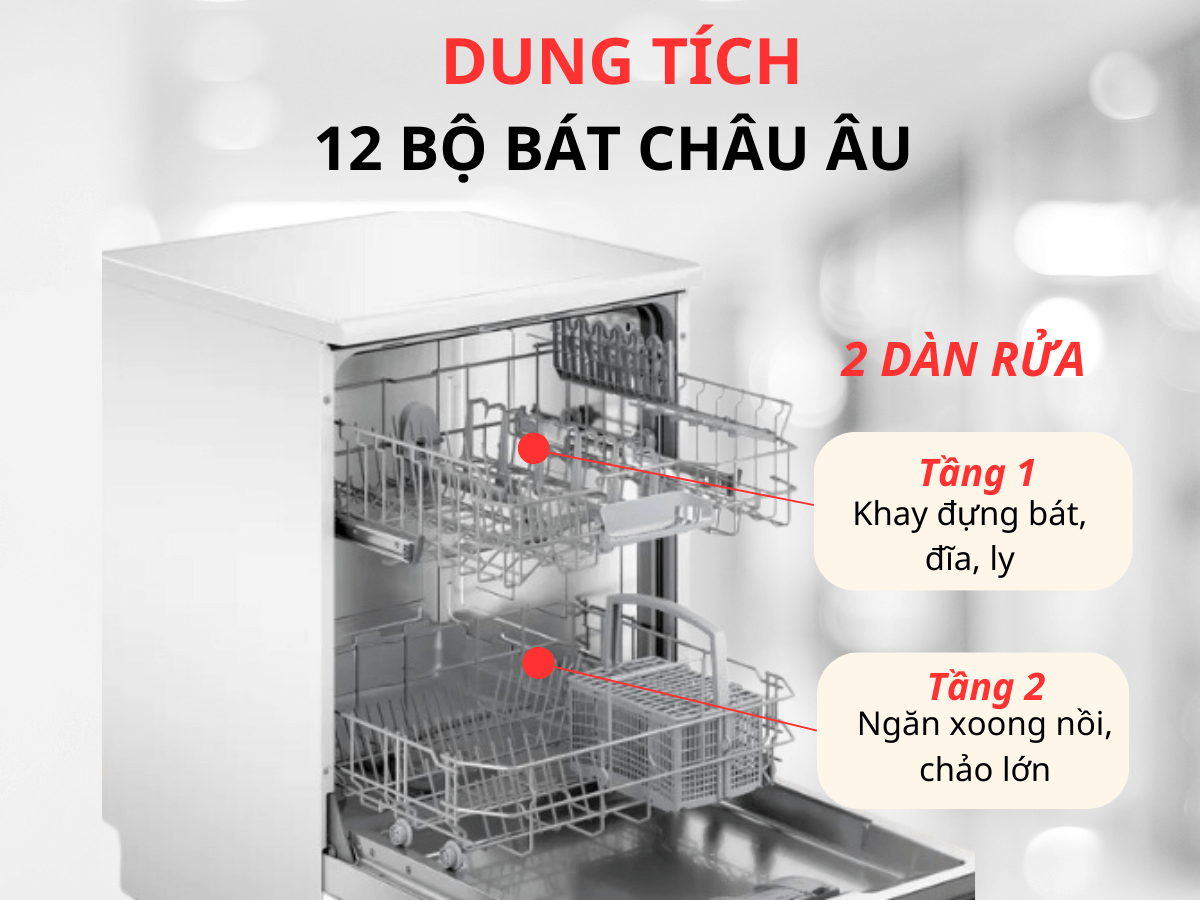 2 dàn rửa với dung tích 12 bộ đồ ăn châu Âu