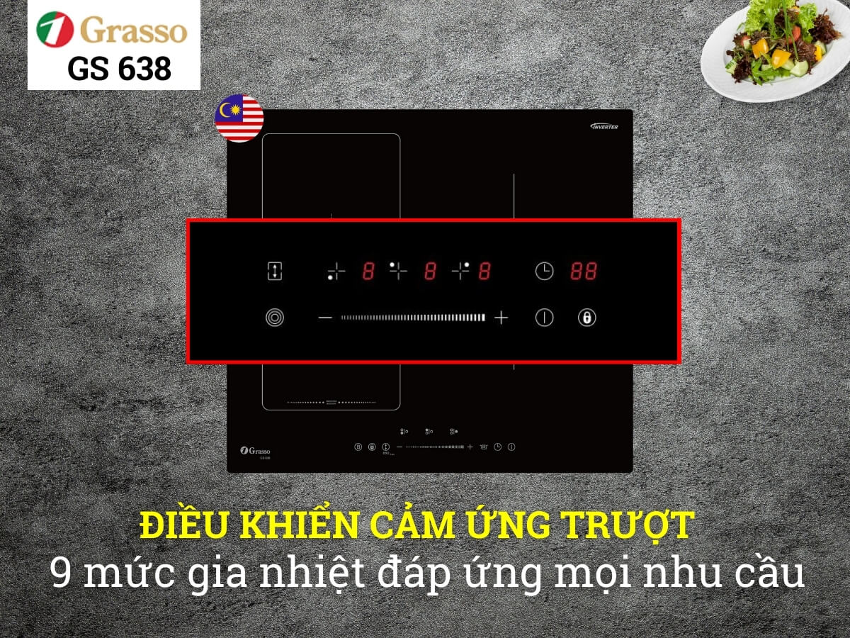 Điều khiển cảm ứng trượt với 9 mức gia nhiệt đáp ứng nhu cầu nấu nướng đa dạng