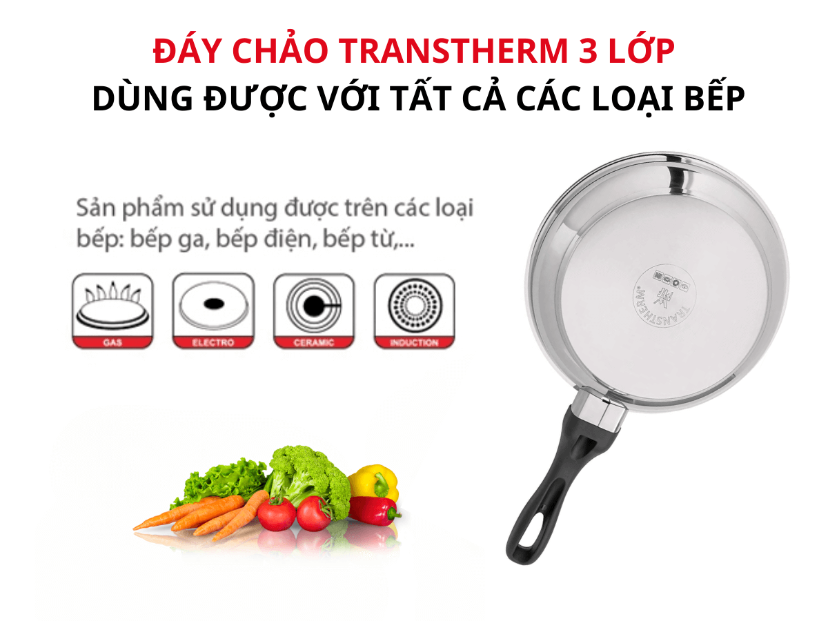 Đáy chảo Transtherm 3 lớp, dùng được với tất cả các loại bếp