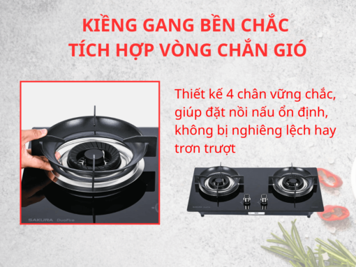 bếp gas sakura sg-2526gb (2) Kiềng gang bền chắc, tích hợp vòng chắn gió