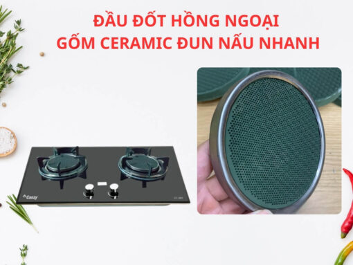 bếp gas hồng ngoại canzy cz 68h (3) Đầu đốt hồng ngoại bằng gốm Ceramic đun nấu nhanh, tiết kiệm gas