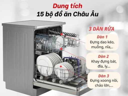 3 dàn rửa, dung tích 15 bộ đồ ăn châu Âu
