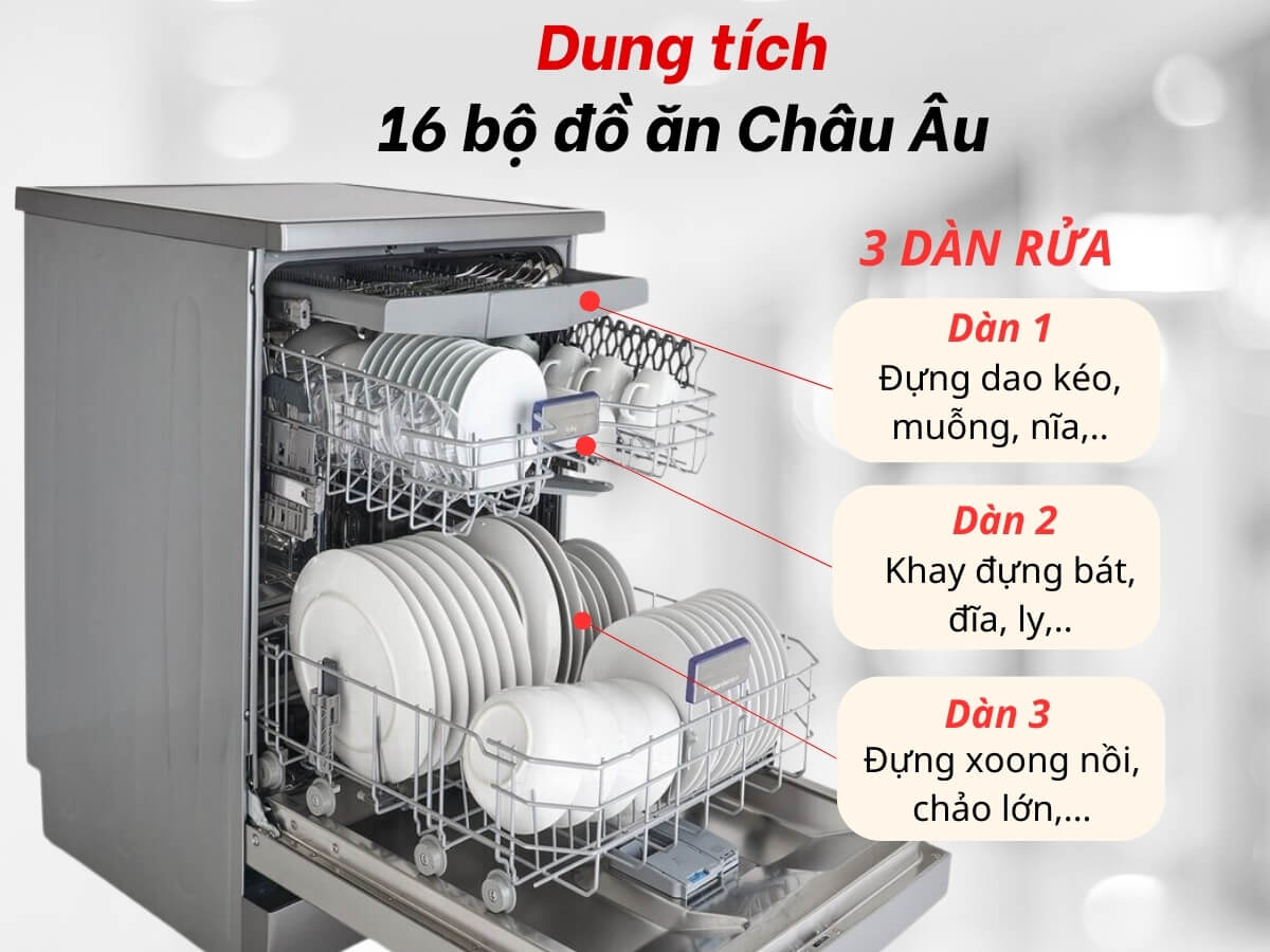 3 dàn rửa, dung tích 16 bộ đồ ăn châu Âu