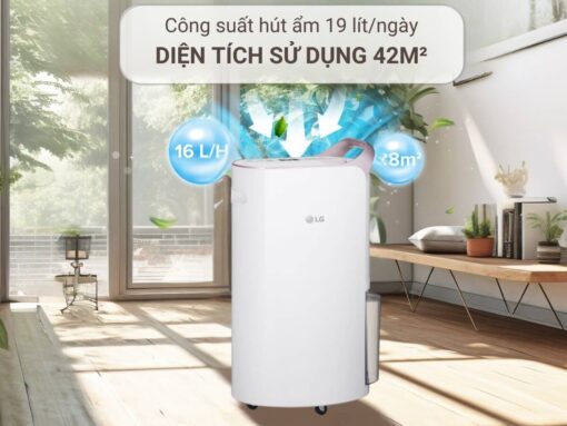 Công suất hút ẩm 19 lít/ngày, diện tích sử dụng 42m²