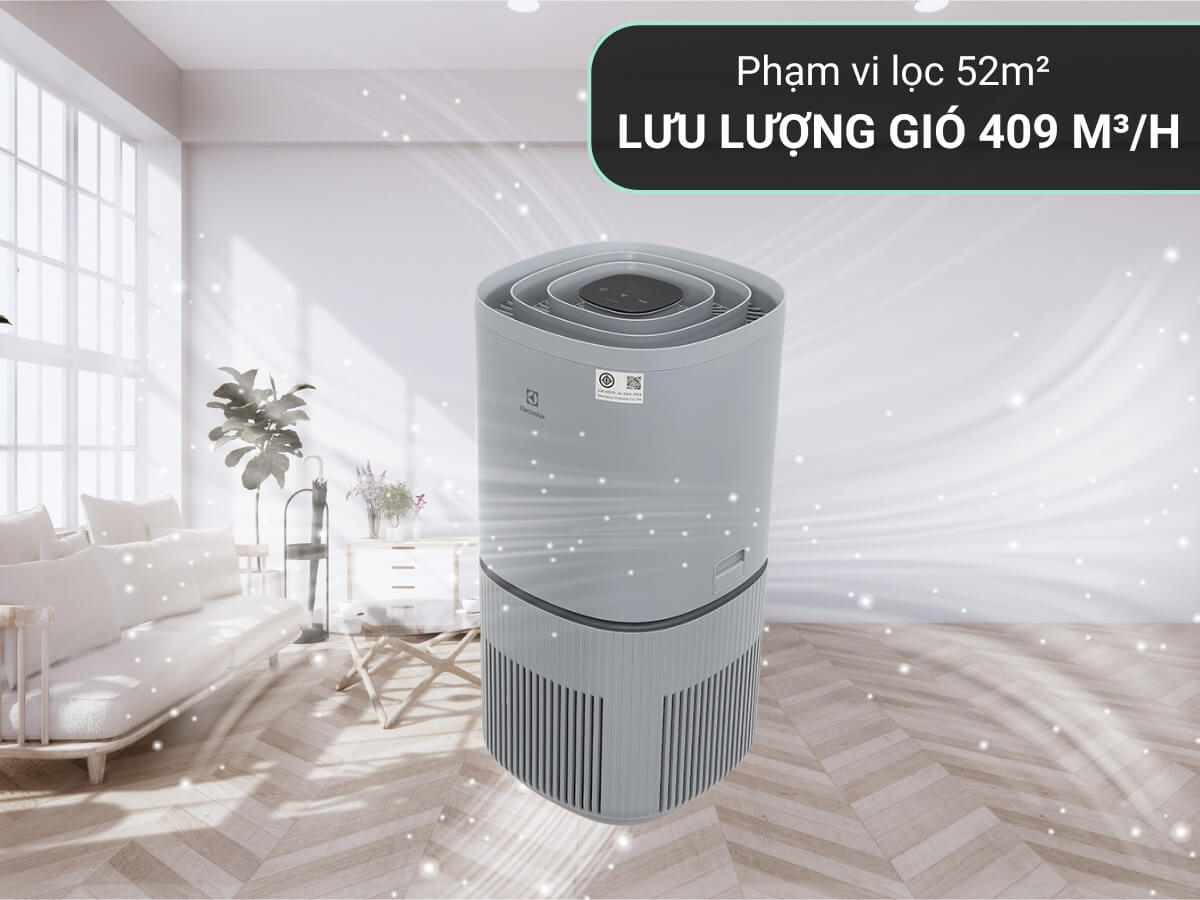 Phạm vi lọc 52m² với lưu lượng gió 409 m³/h
