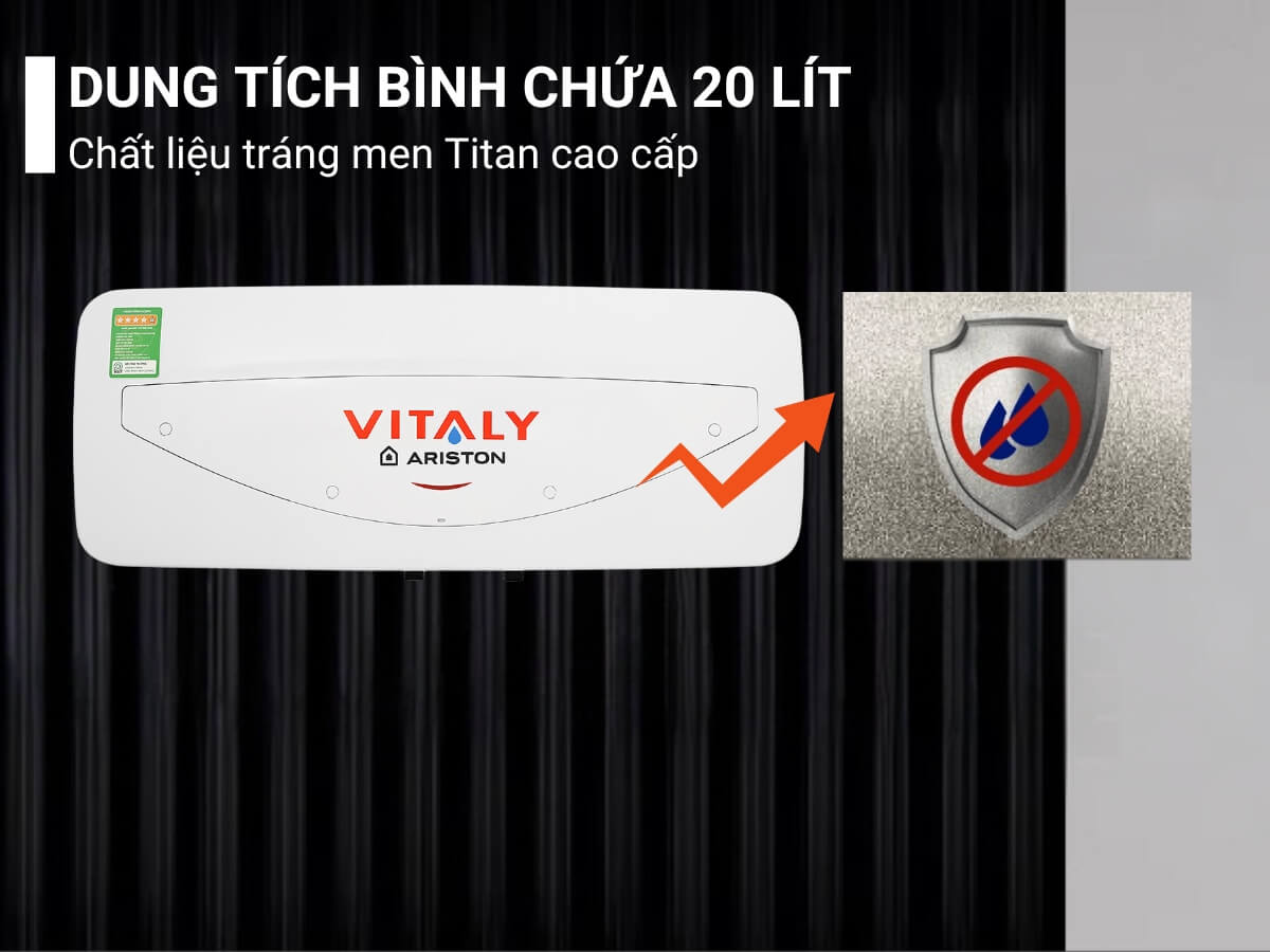 Dung tích bình chứa 20 lít, chất liệu tráng men Titan cao cấp