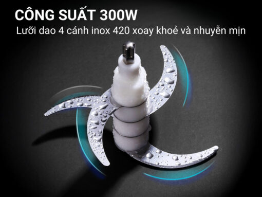 Công suất 300W, lưỡi dao 4 cánh inox 420 xoay khoẻ và nhuyễn mịn