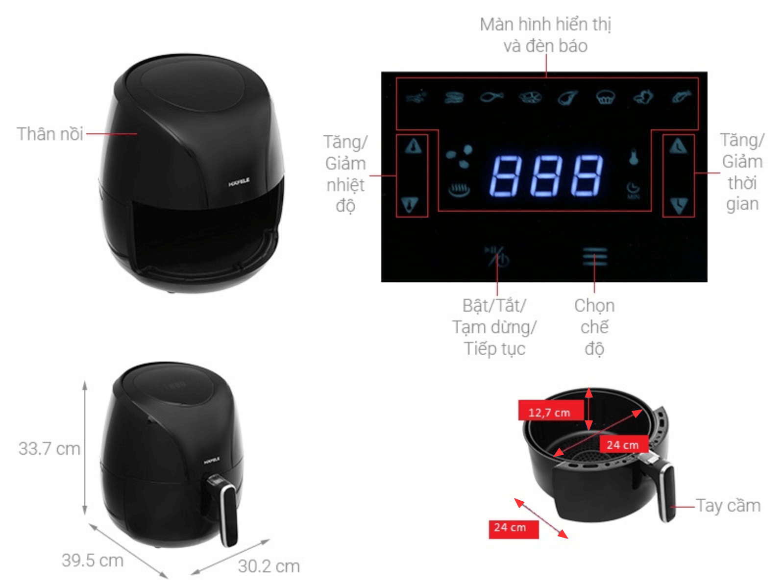 Chi tiết các bộ phận nồi chiên không dầu hafele hs-af601b (535.43.714)