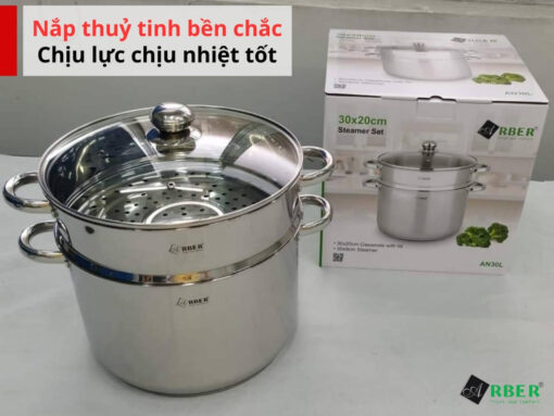 nồi luộc gà kèm xửng hấp arber an30l (2) Nắp thuỷ tinh bền chắc, chịu nhiệt và chịu lực tốt