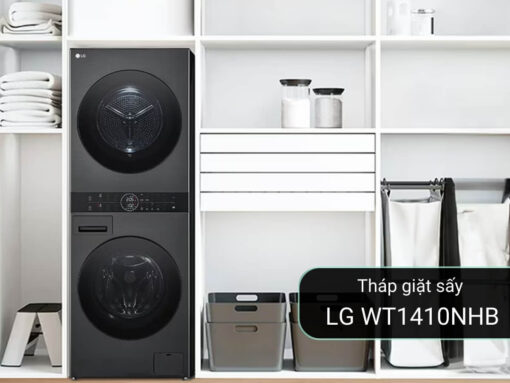 Tháp giặt sấy LG WT1410NHB thiết kế độc đáo, sang trọng, khối lượng giặt 14kg, sấy 10kg