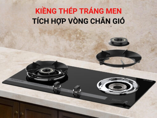 Kiềng thép tráng men bền chắc, tích hợp vòng chắn gió