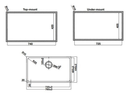 Kích thước chậu inox Hafele HS24-SSN1S-760 (567.24.407) và kích thước lắp đặt