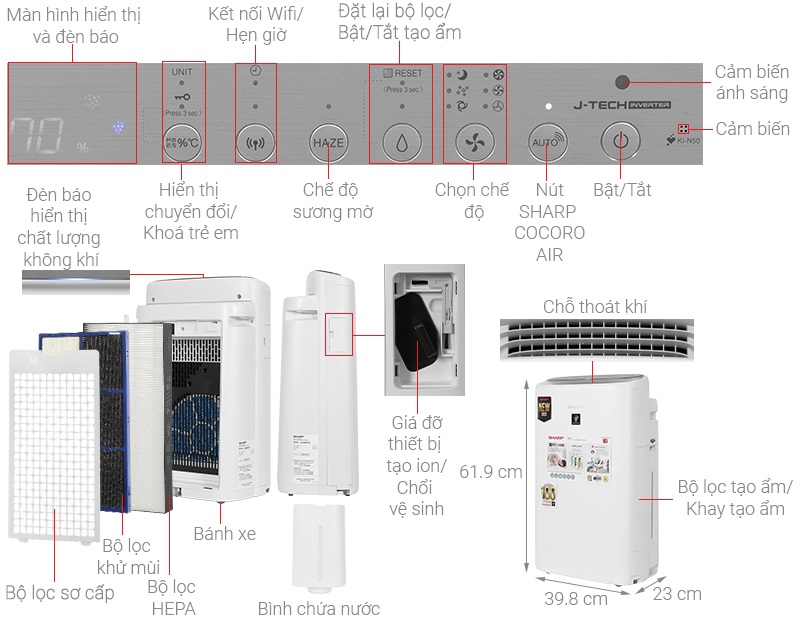 máy lọc không khí và tạo ẩm sharp ki-n50v-w