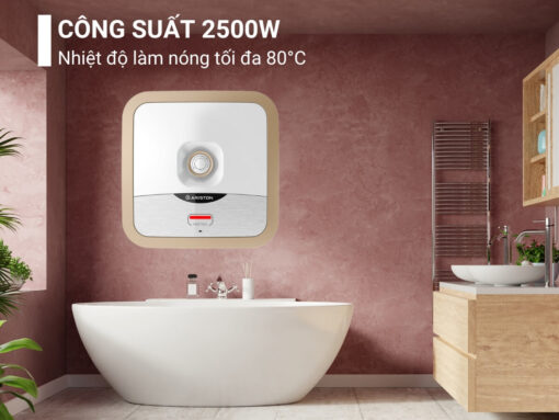 máy nước nóng ariston an2 15 r 2.5 fe Công suất 2500W, nhiệt độ làm nóng tối đa 80°C
