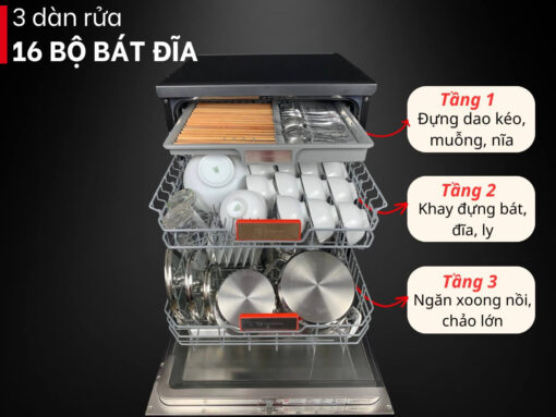 3 dàn rửa với dung tích 16 bộ đồ ăn châu Âu