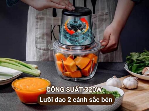 Công suất 320W, lưỡi dao 2 cánh thép không gỉ xoay khoẻ và nhuyễn mịn