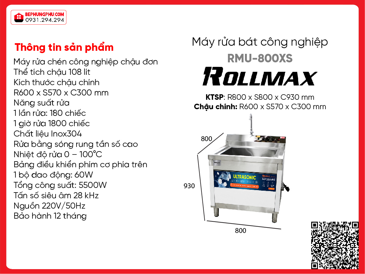 Máy rửa chén công nghiệp Rollmax RMU-800XS
