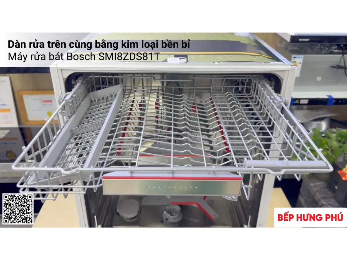 Dản rửa trên cùng máy rửa bát Bosch SMI8ZDS81T bằng kim loại bền bỉ