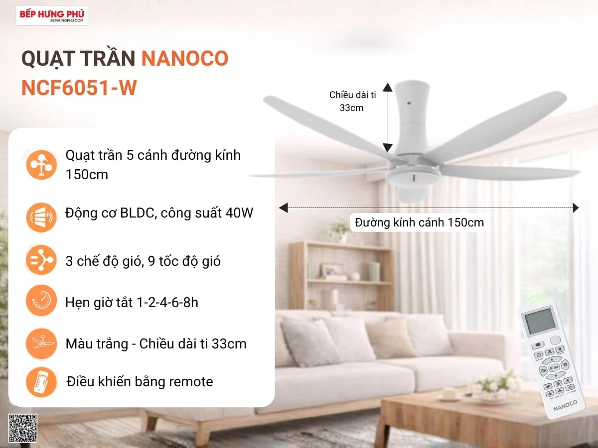 quạt trần nanoco ncf6051-w